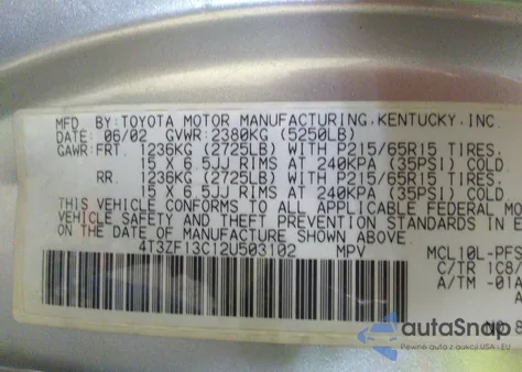 2002 Toyota Sienna Le from USA, damaged, VIN 4T3ZF13C12U503102